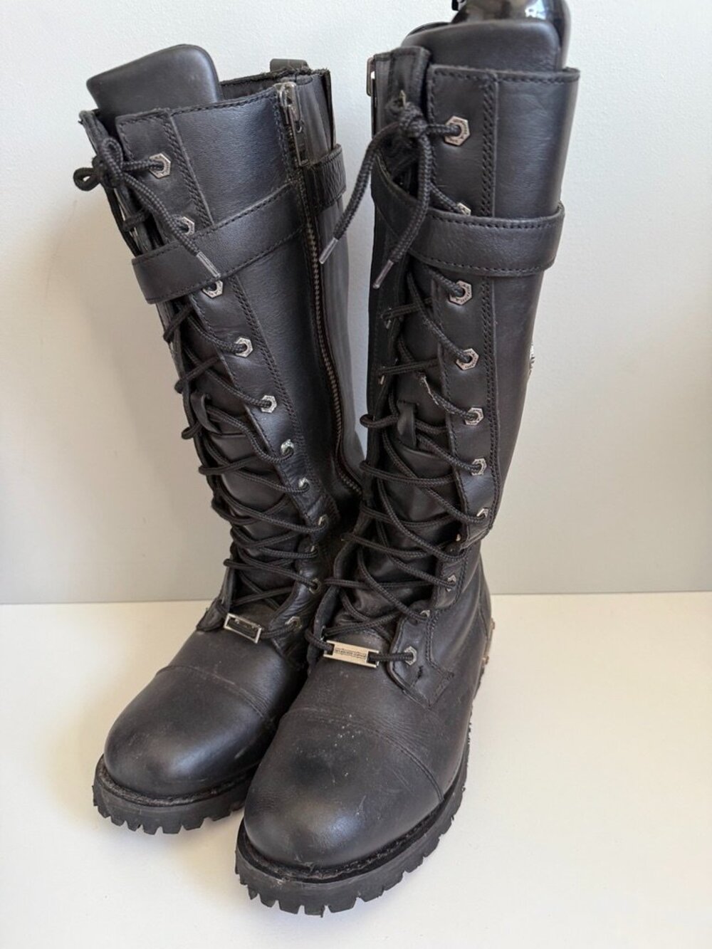 Milwaukee Leather Tall Lace-Up Motorcycle Boots Black Side Zip Buckle | Women's